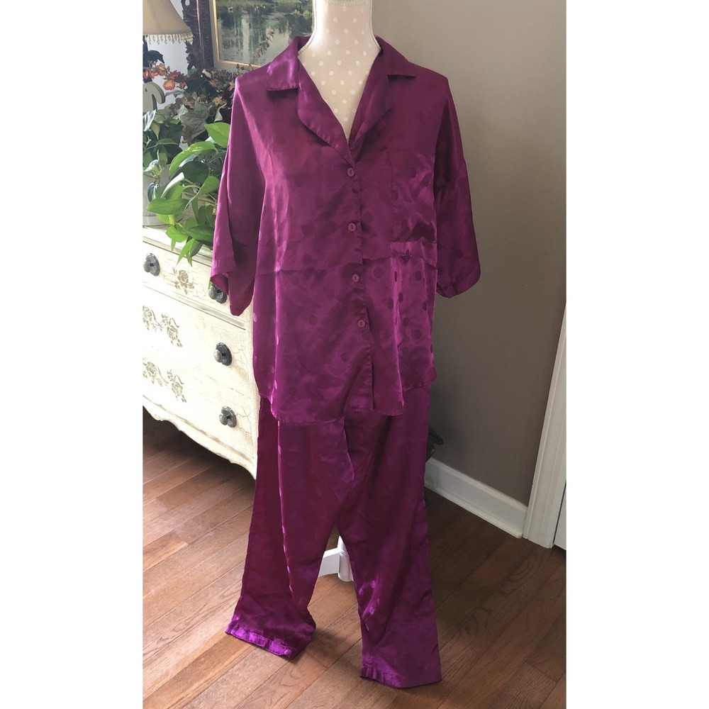 Vintage Val Mode 2  Pajamas 2 Piece Magenta Purple Polka Dot Women's Size Medium